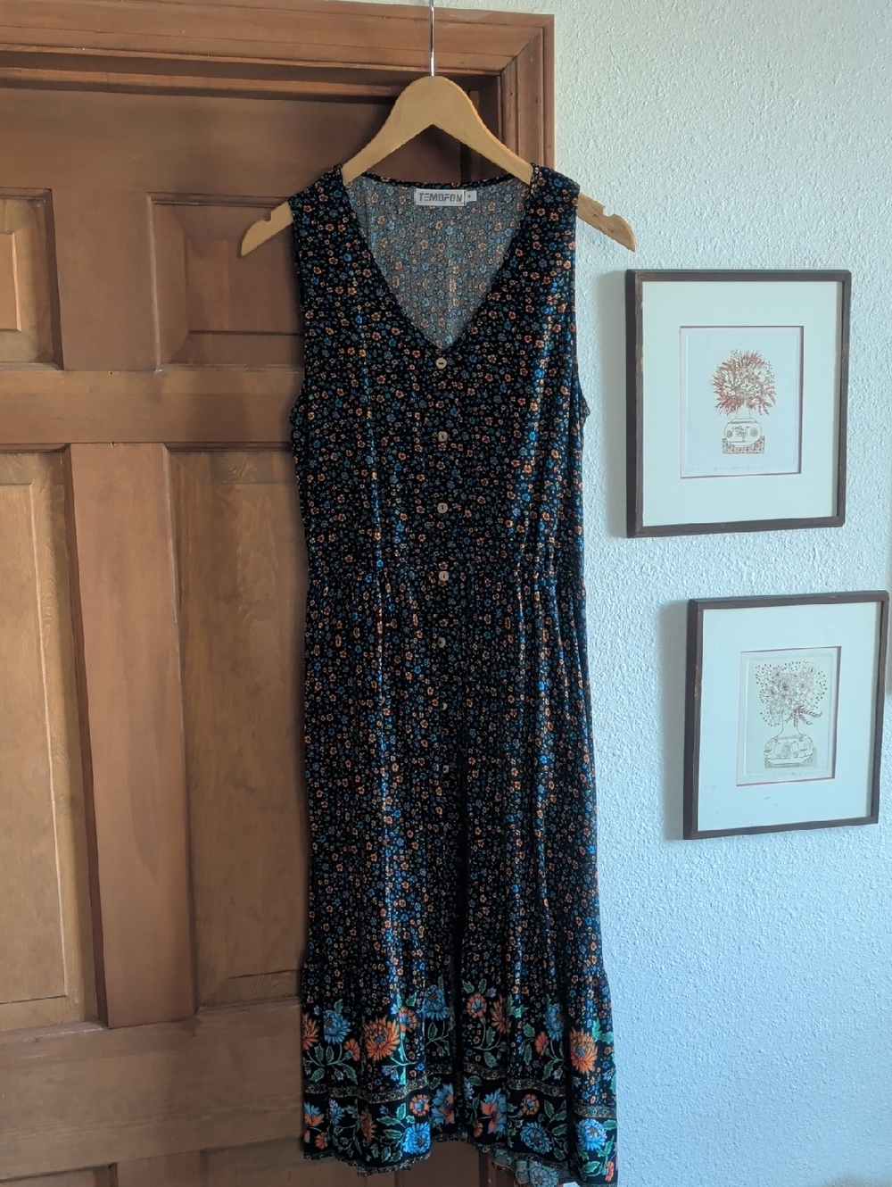 Vintage Temofon Black Floral V-Neck Button Midi Dress with Teal & Orange Border